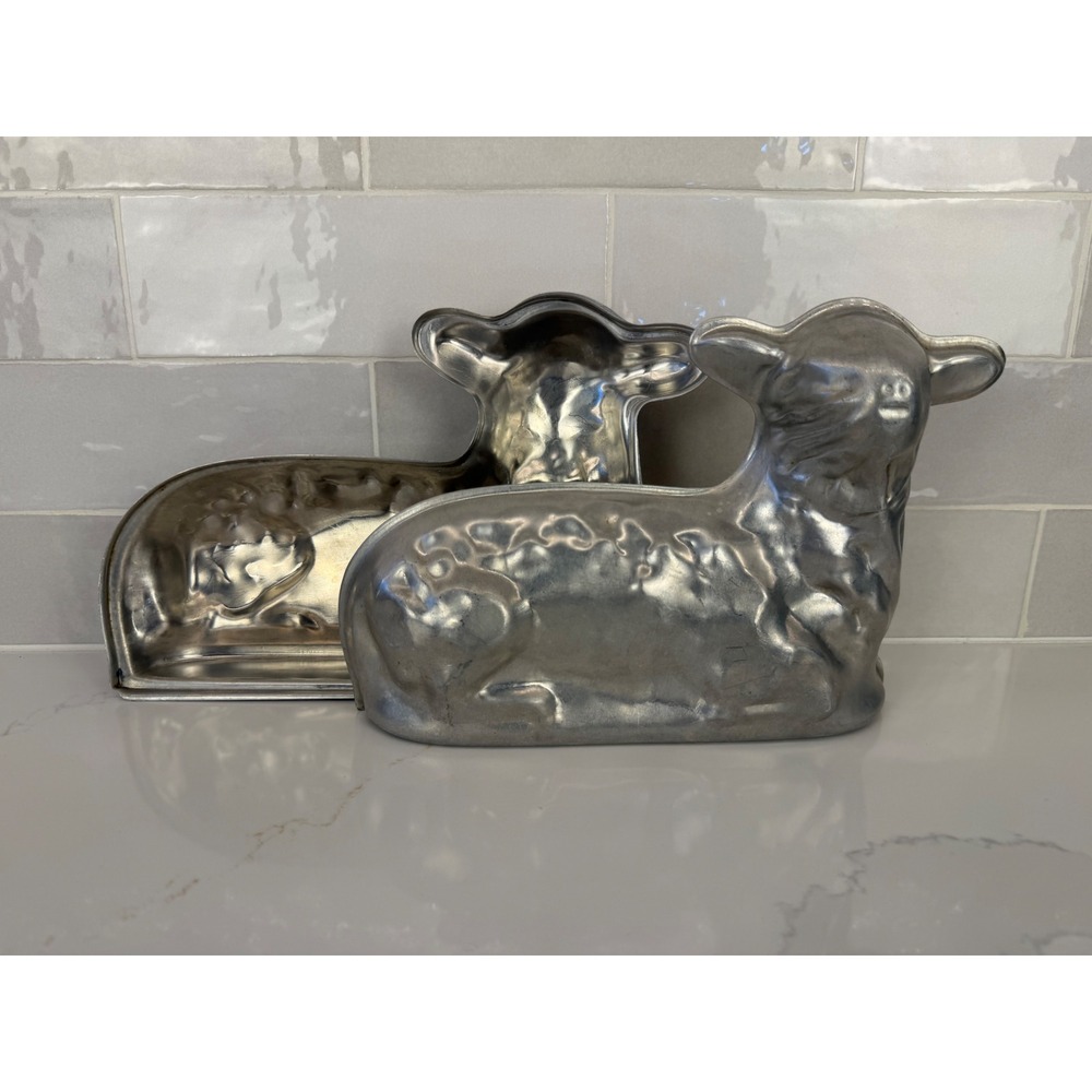 Vintage Lamb Cake Mold 3D Two Piece Cast Aluminum Silver Easter Farmhouse Decor